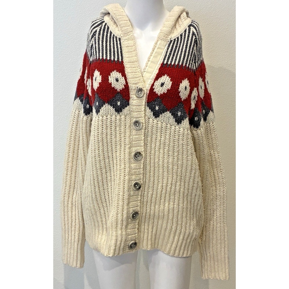 Y2K Old Navy Fair Isle Chunky Wool Blend Hooded Cardigan Sweater XL Ivory Cabin